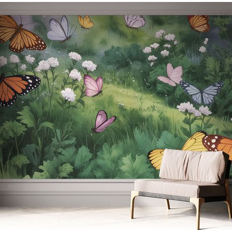 Papier peint autocollant avec imprimé décoratif pour salon et chambre à coucher Installation facile Papillons dans la prairie 312x219 cm (1/5)