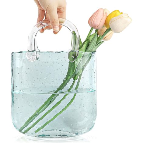 Vase à Sac en Verre, Vase Sac a Main avec Bulle, Vases en Forme de Sac à Main pour Fleurs, Grand Transparent Soufflé à la Main(Transparent) (1/5)