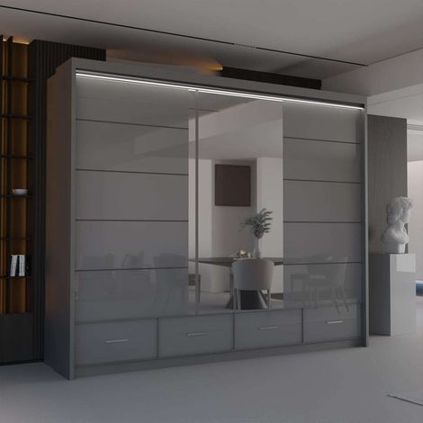 Modern High Gloss Sliding Wardrobe with LED & Mirror - Grey255cm