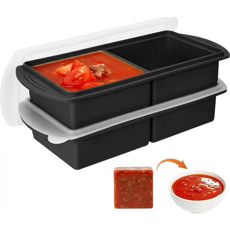 Set di 2 contenitori per congelatore in silicone nero con coperchio - Contenitori riutilizzabili per zuppe e preparati per pasti, stampi per congelatore multifunzionali per porzioni, salse, zuppe e cu (1/5)