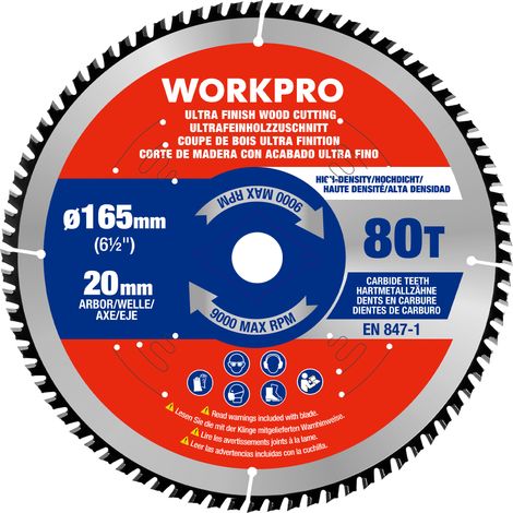 WORKPRO Lame de Scie Circulaire 165 mm 80 Dents ATB, Coupe Précise et Lisse pour Bois Massif, Bois Tendre, MDF et Contreplaqué