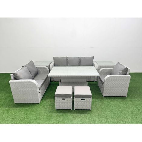 Fimous Patio PE Wicker 8 Seater Outdoor Rattan Furniture Sofa Sets with Adjustable Lifting Dining or Coffee Table Reclining Chair Loveseat Sofa 3 Seater Sofa Stool 2 Side Table Light Grey (1/5)