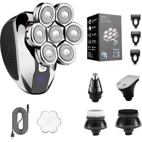 Rasoir électrique homme 7D noir, tondeuse rechargeable sans fil étanche, usage humide et sec, 5-en-1 avec kit de coupe, tondeuse à barbe et cheveux (1/5)