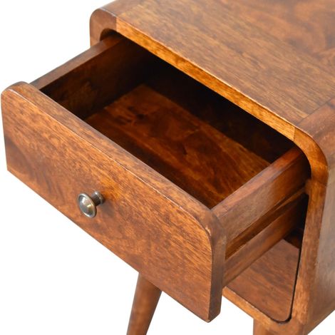 Table de chevet mini courbée en bois massif, 2 tiroirs, brun foncé (1/5)
