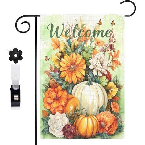 Drapeau de jardin hortensias et citrouilles orange 30 x 45 cm décoration terrasse et extérieur (1/5)