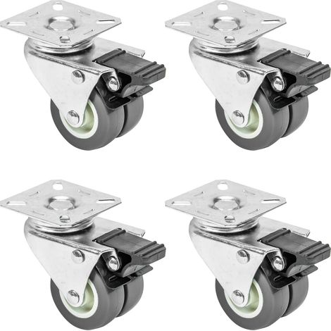 6720 Lot de 4 roulettes doubles renforcées avec freins  Polyuréthane  50 mm  Charge maximale : 400 kg  Gris