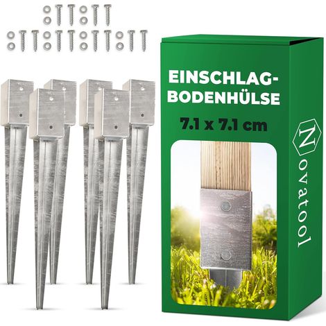 Novatool Lot de 6 douilles de sol 71 x 71 x 750 mm, douilles de sol pour poteau de parasol, poteau de clôture, poteau en bois, douilles à enfoncer,