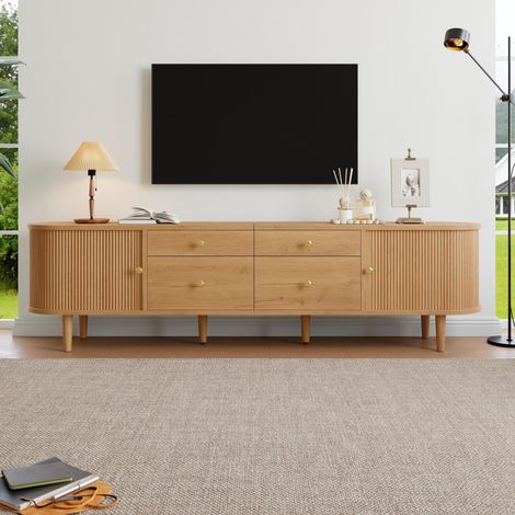 Meuble TV 180 cm Naturel avec Portes Coulissantes 3D et 4 Tiroirs - Meuble Télé, Meuble TV Moderne et Élégant pour Salon (1/5)