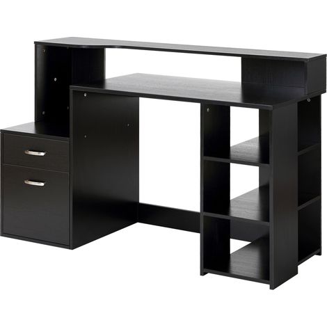 Bureau informatique avec 2 tiroirs, bureau avec rangement, 137 x 55 x 92 cm, étagères ouvertes et tablette d'imprimante, style moderne, table d'ordinateur pour chambre, studio, noir