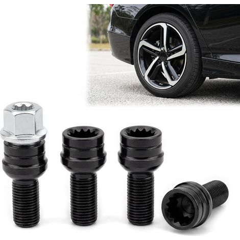 Jeu de 4 Boulons de Roue Antivol M14x1.5, Longueur 29mm, Ecrou Antivol pour Pneus et Jantes, Noir (1/5)