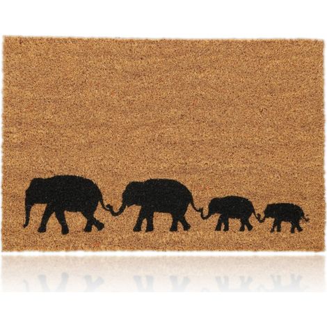 Relaxdays Zerbino in Fibra di Cocco, 60x40cm, Tappetino Antiscivolo, Ingresso Esterno e Interno, Elefanti, Naturale Nero (1/5)