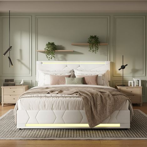 Letto contenitore 140x190 con rete a doghe, illuminazione LED, 2 porte USB e 1 Type-C, letto matrimoniale per adulti con testiera regolabile, tessuto in lino, stile scandinavo, Beige