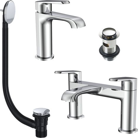 Chrome Basin Sink Tap & Bath Filler Set with Matching Waste Plugs (1/4)