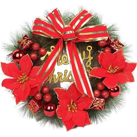 Guirlande De Noël - 30 Cm - Boucle Rouge À Rayures Dorées - Poinsettias Rouges - Extérieur Intérieur - 1 Pièce (1/5)