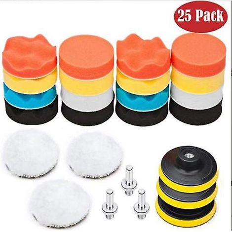 kit 25pcs Ponge Polissage Tampons Polir Pr Voiture Pad Avec Adaptateur De Foret M10 Polisseur De Voiture (1/5)