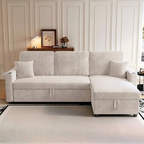 Sofá cama modular de pana beige con almacenaje, mesa auxiliar, portavasos, USB y Type-C (1/5)