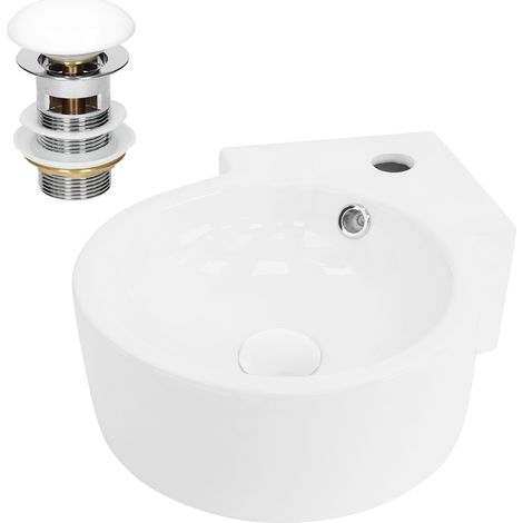 ML-Design Lavabo Esquinero de Cerámica 45x36x13cm Blanco con Desagüe Fregadero Redondo de Pared o Sobre Encimera Pila Moderna Lavamanos para Baño o Aseo con Agujero para Grifo y Rebosadero