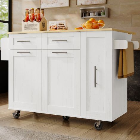 Îlot de cuisine moderne, meuble de rangement, buffet, desserte mobile aspect bois, table à manger multifonction avec rangements, desserte avec tablette snack et portes coulissantes — Blanc