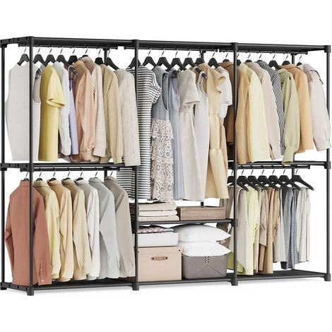 Armadio da camera da letto appendiabiti guardaroba 43 x 138 x 182 cm 3 scomparti appendiabiti con ripiani grande capacità per camera da letto per adulti e bambini soggiorno spogliatoio nero 120003979