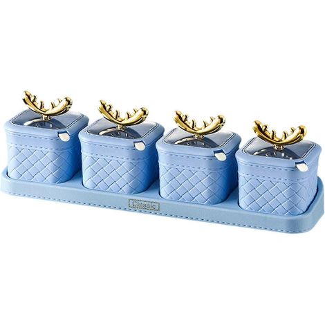 Gewürzgläser mit Tablett, Löffeln, niedlichen Gewürz- und Pfefferdosen, Zuckerdosen für Salz und Kaffee (auch für die Kaffeebar geeignet)-blue (1/4)