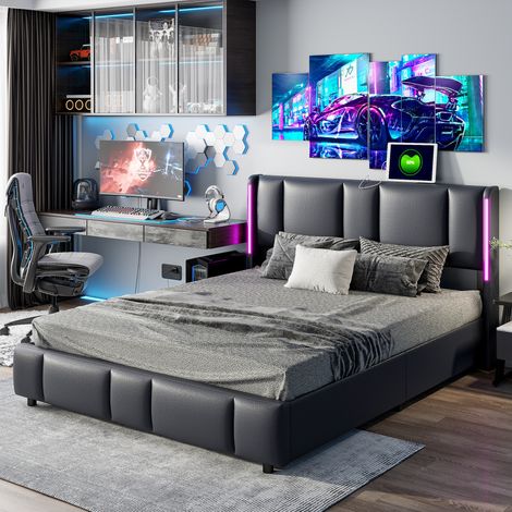 Letto contenitore 140x200 cm - similpelle, testiera a righe verticali con illuminazione LED, letto matrimoniale con USB/Tcpy-C, contenitore con leva idraulica, rete a doghe, letto adulto - Nero (1/5)