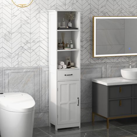 Meuble salle de bain colonne avec 3 compartiments ouverts, tiroir et étagère réglable, 40 x 30 x 164 cm, blanc (1/5)