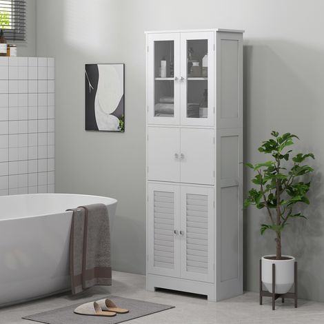 Mueble de baño tipo columna con 3 armarios de 2 puertas, mueble multiusos con puertas de cristal y persiana, 60x30x170,5 cm, blanco.