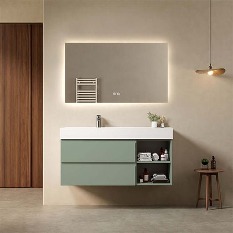 Mobile bagno sospeso 120 cm Verde Salvia Lavabo a Sinistra in Resina Specchio Quadro Retroilluminato - Fiji Paint Plus (1/4)