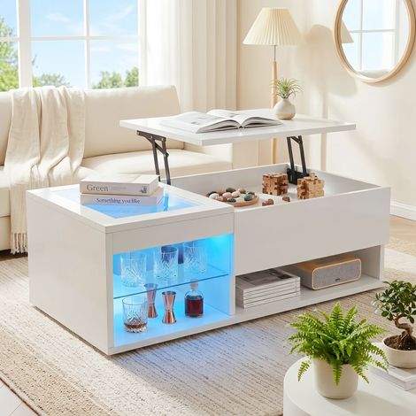 Table Basse Relevable Blanc Laqué Brillant avec LED RVB Multicolore Table de Salon Moderne avec Coffre de Rangement et Plateau Relevable 100x55x35 cm (1/5)