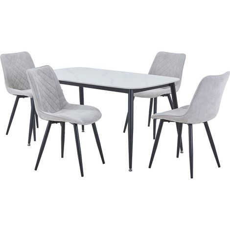 Aspen Gloss White Sintered Stone Rectangular Table & 4 Light Grey Cord Fabric Chair Set - Metal - L54 x W53.5 x H85.5 cm
