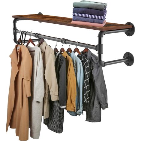 100cm Pipe Clothes Rail Wall Mounted Garment Hanging Rack with Wood Shelf Wardorbe (1/5)