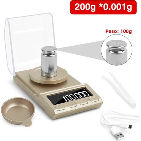 Balance électronique de précision numérique (Or 200 g), alimentation USB, écran LCD, précision 0,001 g (1/5)
