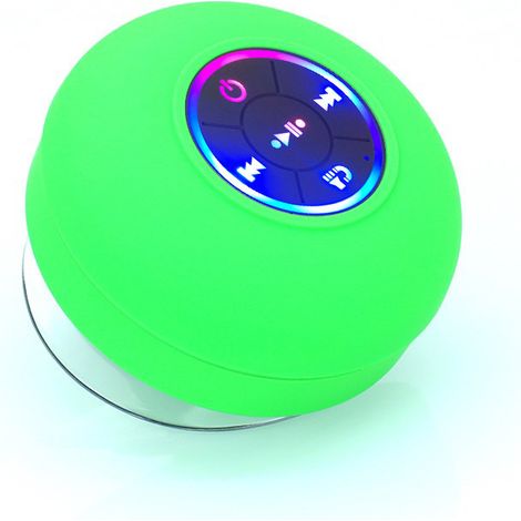 (Vert) Enceinte de douche mains libres Bluetooth, étanche et résistante aux chutes, avec lumière LED, ventouse intégrée, autonomie de 2 heures. (1/5)