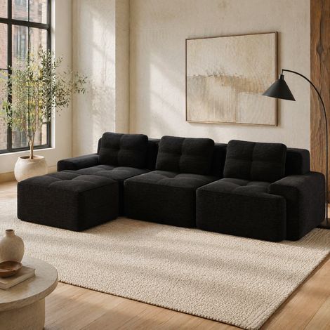 Divano modulare a L in velluto a coste nero con ottomana OKWISH (1/5)