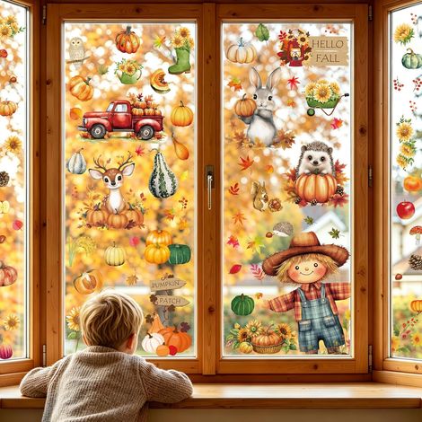 Herbstliche Fensteraufkleber – 18 Stück, Ahornblätter, Kürbisse, Tiere, Vogelscheuche, wiederverwendbar (1/5)