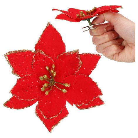 Poinsettia - künstliche Blume mit Clip, roter Weihnachtsstern mit Glitzer