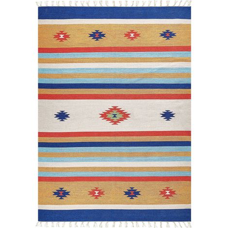 Tappeto Kilim in cotone intrecciato a mano con motivo geometrico reversibile e nappe 140 x 200 cm multicolore Taronik