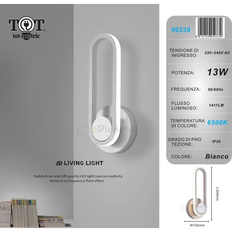 Applique da parete led 13w ovale verticale orientabile bianco oro moderno lampada luce fredda naturale Bianco - Luce fredda