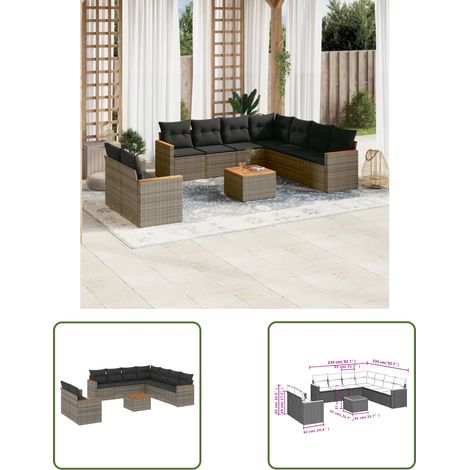 The Living Store 10-tlg. Garten-Sofagarnitur mit Kissen Grau Poly Rattan - Gartenmöbel Set - Esszimmergarnitur - Outdoor Möbel - Lounge Sofa - Rattan Gartenmöbel (1/3)