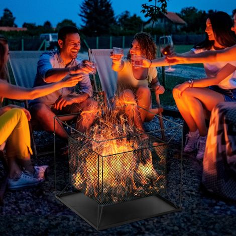 Brasero de jardin portable en métal, brasero extérieur avec design suspendu et tisonnier, 45x45x43cm noir (1/5)