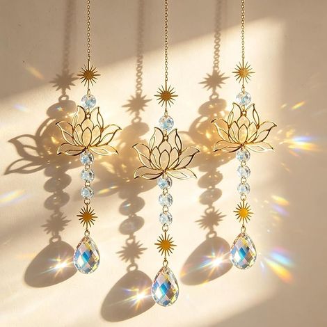 Lot de 3 carillons attrape-soleil en cristal - Fleur de lotus - Décoration de fenêtre - Carillon à suspendre - Arc-en-ciel - Décoration en cristal pour fenêtre, maison, jardin, fête, mariage (1/5)