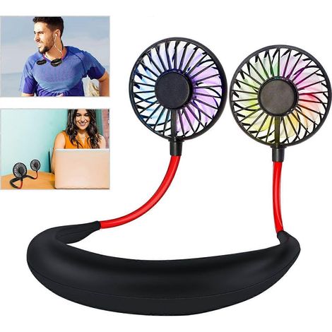 Ventilateur de cou portable TCGG, mini ventilateur USB, ventilateur de cou rechargeable, double tête, 3 vitesses, compatible avec le camping, le bureau et la chambre (noir)
