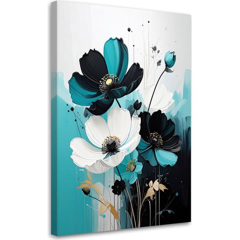 Quadro su tela, Fiori bianchi su sfondo turchese in un'elegante cornice. - 40x60 (1/2)