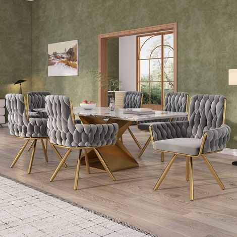 Sedie da sala da pranzo girevoli in velluto grigio, set da 6, con braccioli e base in metallo (1/5)