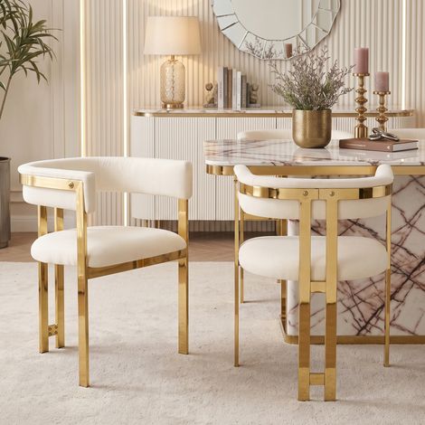 Lot de 6 chaises de salle à manger confortables, dossier demi-cercle, tissu chenille beige, pieds métal doré (1/5)