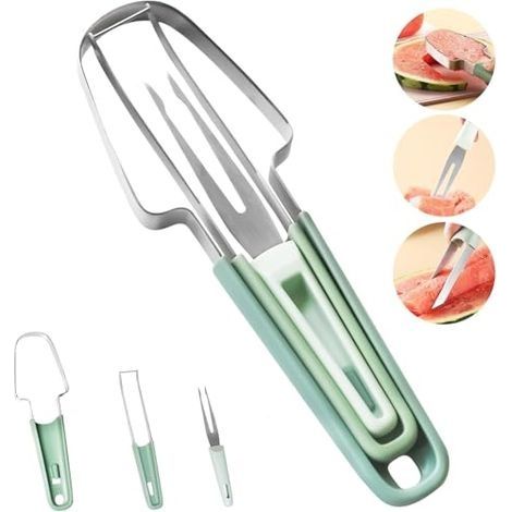 Coupe Pasteque,Coupe Fruits 3 en 1 en Acier Inoxydable,Outil de Coupe de Fourche de Melon d'eau,Trancheuse à Pastèque Outil Couteau Fruits pour Maison,Cuisine,Camping,Découpe Fruit (1/5)