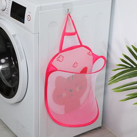 Sac à linge pliable grand format avec accroche murale, panier à linge amovible design chat rose pour salle de bain, filet aéré. (1/5)