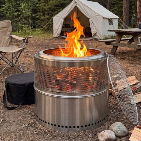 Brasero exterior de baja humos con parrilla, acero inoxidable, portátil, plateado OKMYHOME