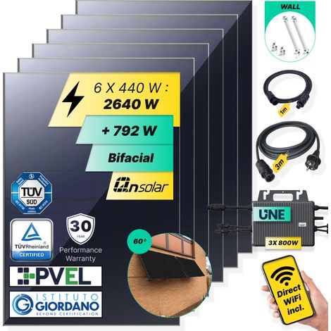 ROBINSUN®️ Kit Solar Enchufable Performance Wall 2.640Wp, 6 paneles QN 440Wp + 3 Microinversores 800W con Wifi incluído +Cable 3m +6 Fijaciones 60º