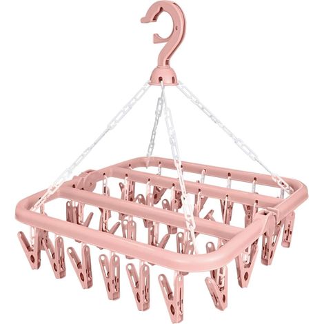 Pink Foldable Clothes Airer Windproof Clothes Airer with 32 Clips, Windproof Hanger, Rotating Hook, Windproof, Clothes Hanger for Small Socks, Underwear, Towels (1/5)